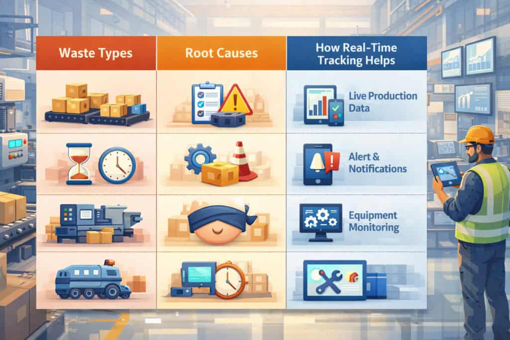 Waste types, root causes, and how real-time tracking helps (quick diagnostic table)