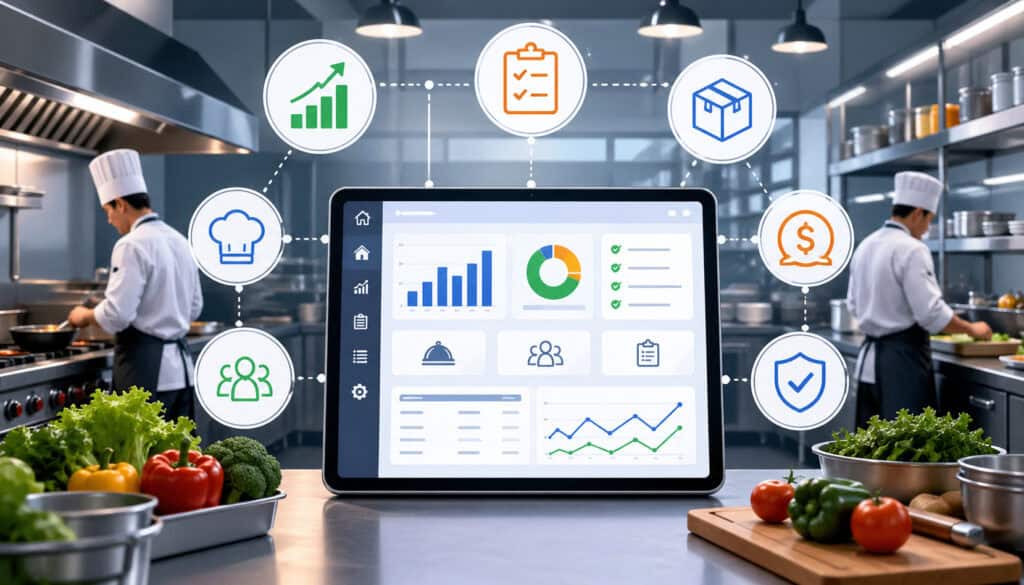Modern restaurant kitchen with chefs using a digital kitchen management system dashboard, featuring analytics, inventory, staff coordination, and performance tracking icons