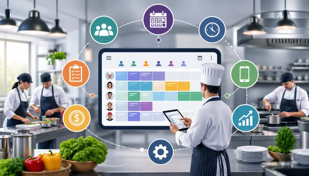 Modern commercial kitchen staff using digital scheduling software on tablet with team management icons and workflow automation system