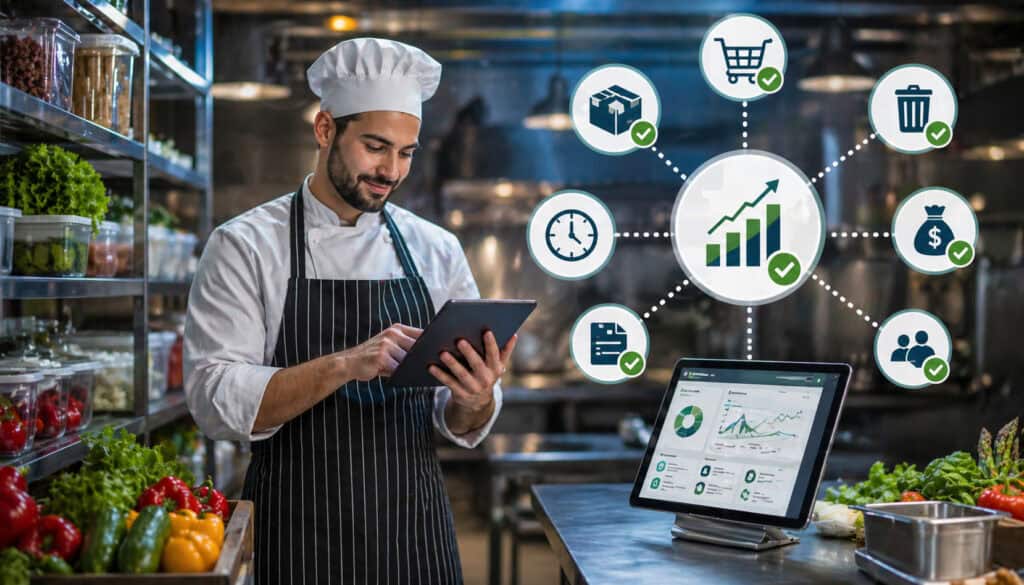 Chef using tablet for real-time inventory tracking in a modern commercial kitchen, with fresh ingredients, digital dashboard, and performance icons showing improved efficiency and stock management