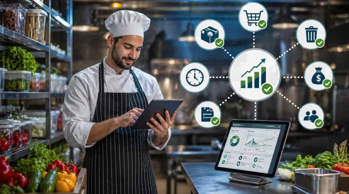 Chef using tablet for real-time inventory tracking in a modern commercial kitchen, with fresh ingredients, digital dashboard, and performance icons showing improved efficiency and stock management