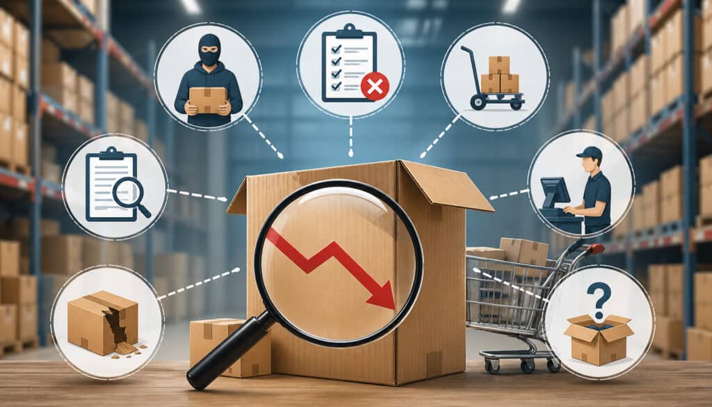 Illustration of warehouse inventory shrinkage showing damaged boxes, theft, counting errors, and operational issues with icons around a declining package symbol