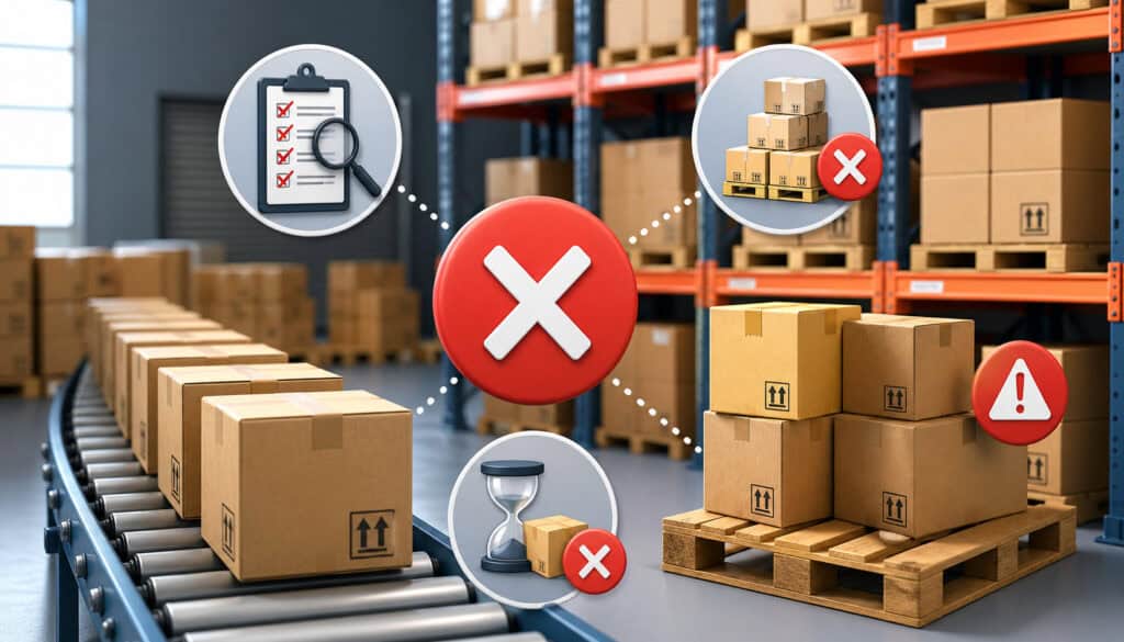 FIFO inventory mistakes illustration showing warehouse boxes, incorrect stacking, delayed stock rotation, and quality inspection errors in logistics operations