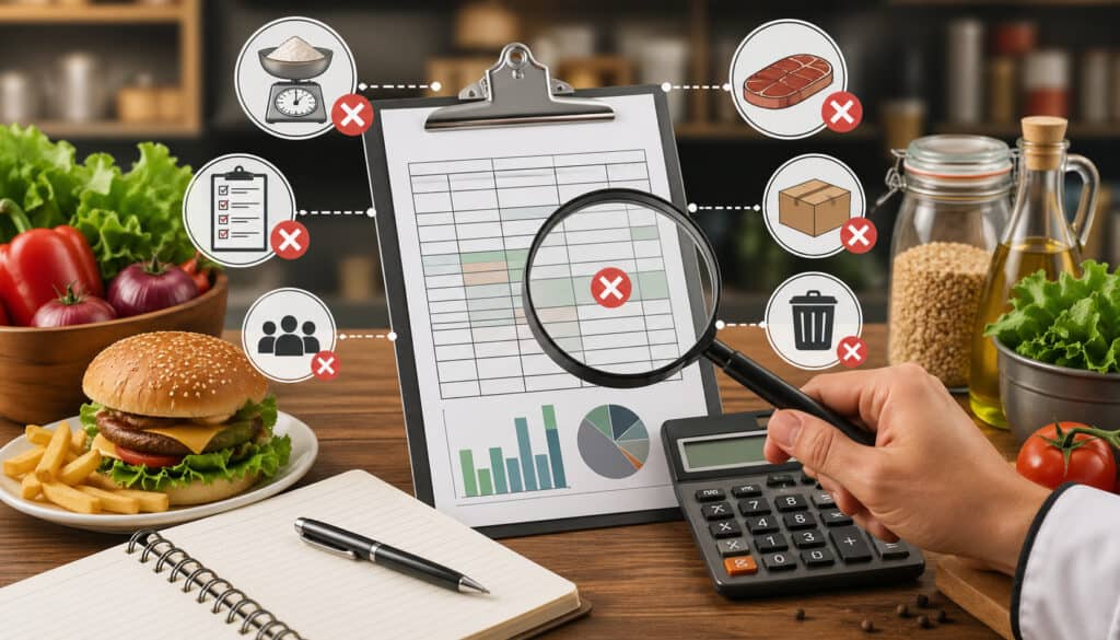 Illustration of food cost calculation errors showing clipboard with financial data, magnifying glass, calculator, ingredients, and icons representing waste, portion mistakes, and inventory mismanagement in a kitchen setting