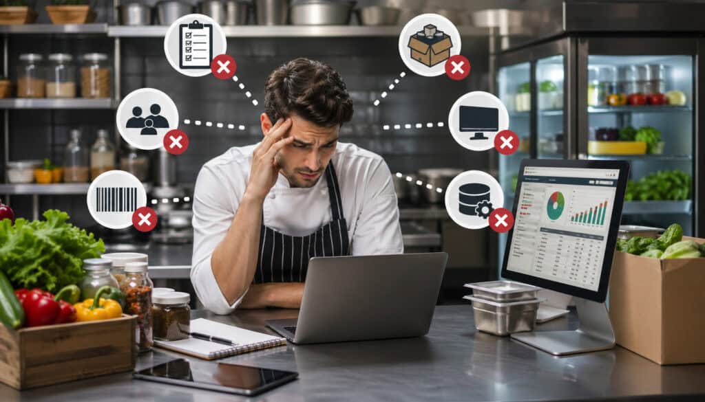 Professional chef struggling with kitchen inventory software setup, surrounded by food items, laptop dashboard, and error icons representing common inventory management mistakes