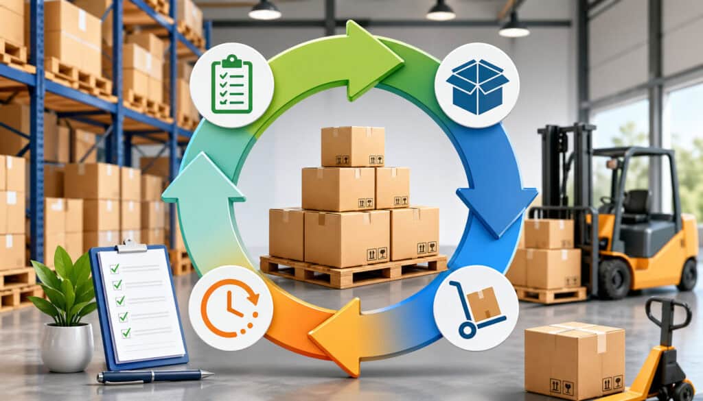 FIFO inventory stock rotation process illustration showing warehouse shelves, stacked boxes, circular workflow arrows, and logistics icons for efficient stock management