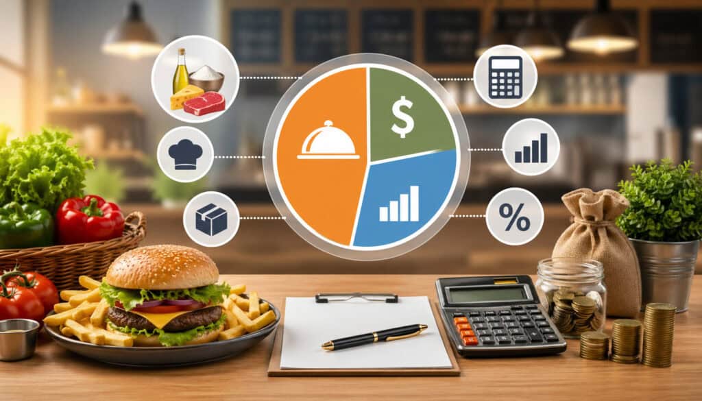 Food cost percentage concept illustration showing restaurant meal, ingredients, calculator, and financial pie chart representing cost breakdown and profitability in a commercial kitchen setting