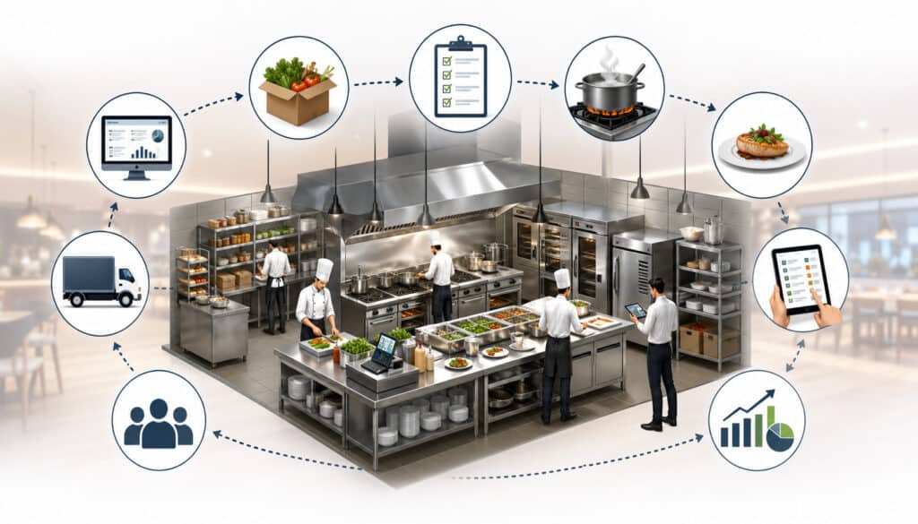 Illustration of a commercial kitchen management system workflow showing chefs preparing food, digital order screens, inventory tracking, delivery, and analytics icons in a modern restaurant kitchen environment