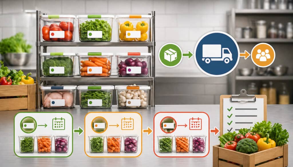 FIFO food inventory illustration showing organized storage containers with fresh produce, labeled rotation system, arrows indicating first-in-first-out flow, and kitchen stock management process