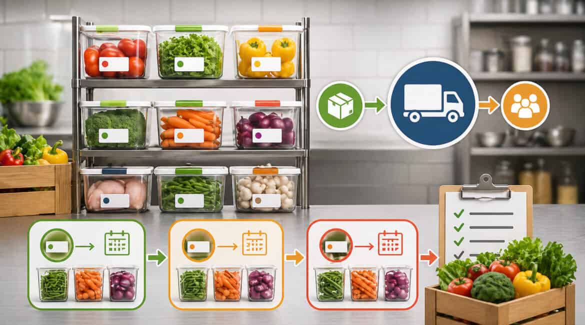FIFO food inventory illustration showing organized storage containers with fresh produce, labeled rotation system, arrows indicating first-in-first-out flow, and kitchen stock management process