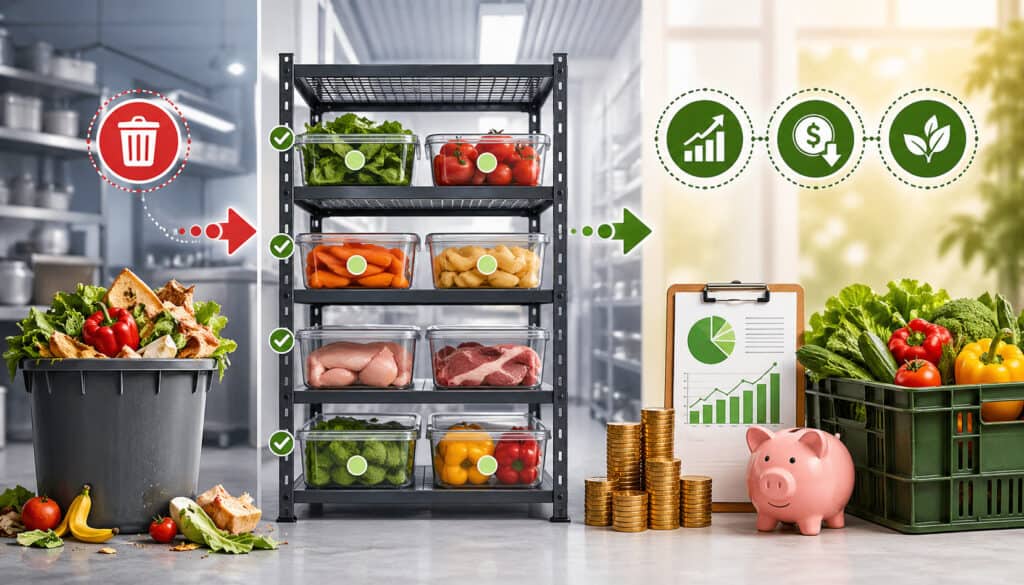 FIFO food inventory system illustration showing organized fresh food storage replacing waste, with cost savings, inventory management icons, and improved efficiency in a commercial kitchen setting