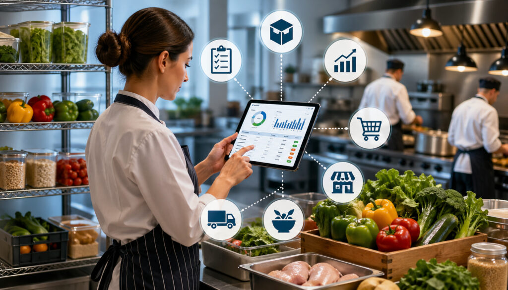 AI-powered inventory tracking system in a modern commercial kitchen with chef using tablet, fresh ingredients, and food service management icons visible
