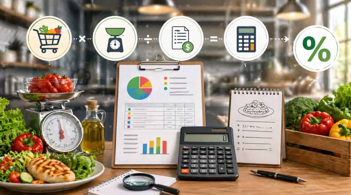 Restaurant food cost calculation concept with ingredients, kitchen scale, calculator, and financial analysis icons representing accurate food cost percentage measurement