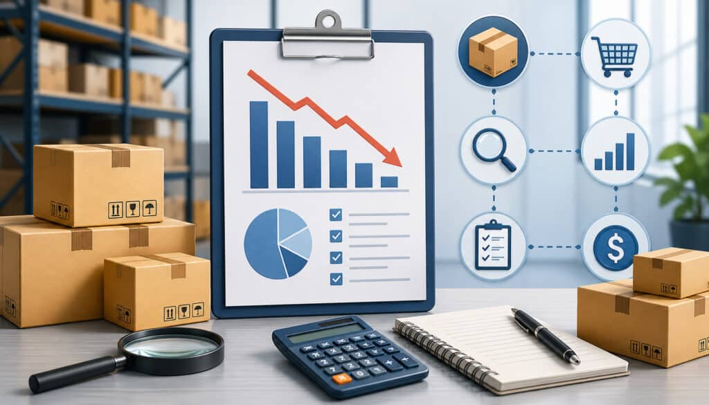 Inventory shrinkage analysis illustration with warehouse boxes, declining chart on clipboard, calculator, magnifying glass, and logistics icons representing stock loss and audit process
