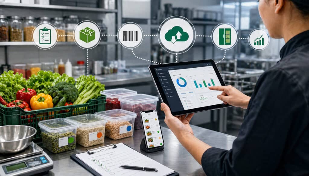 Digital kitchen inventory system setup with chef using tablet dashboard, organized food containers, fresh produce, and cloud-based tracking icons in a modern commercial kitchen