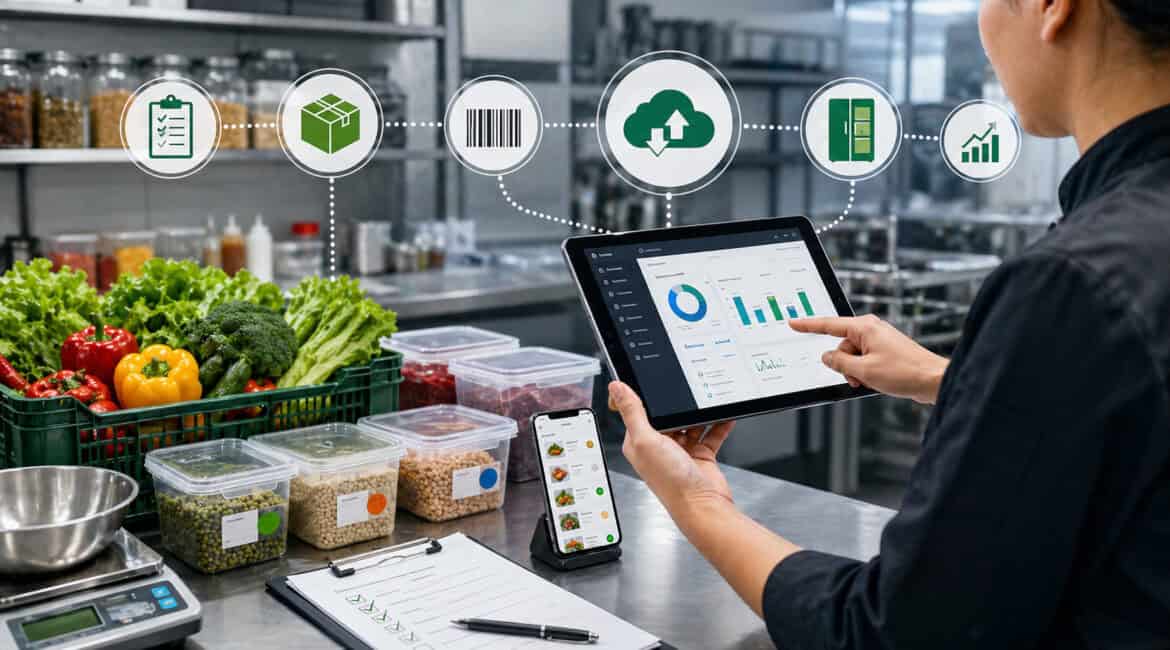 Digital kitchen inventory system setup with chef using tablet dashboard, organized food containers, fresh produce, and cloud-based tracking icons in a modern commercial kitchen