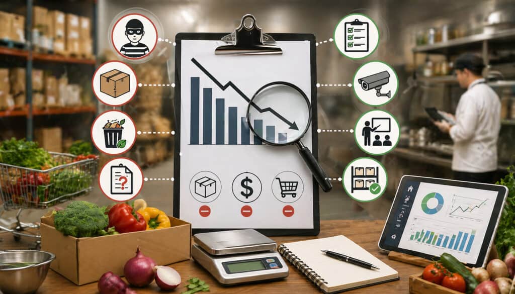 Illustration of inventory shrinkage showing declining stock chart with warehouse goods, fresh produce, and icons representing theft, damage, waste, and prevention strategies like surveillance, audits, and staff training