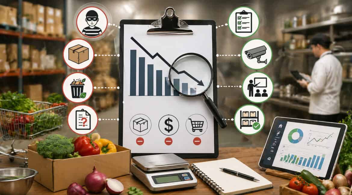 Illustration of inventory shrinkage showing declining stock chart with warehouse goods, fresh produce, and icons representing theft, damage, waste, and prevention strategies like surveillance, audits, and staff training