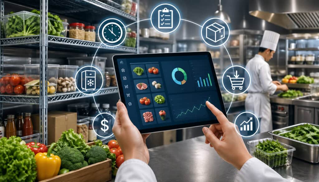 Real-time inventory tracking system in a commercial kitchen using tablet dashboard with fresh ingredients, analytics charts, and food service management icons
