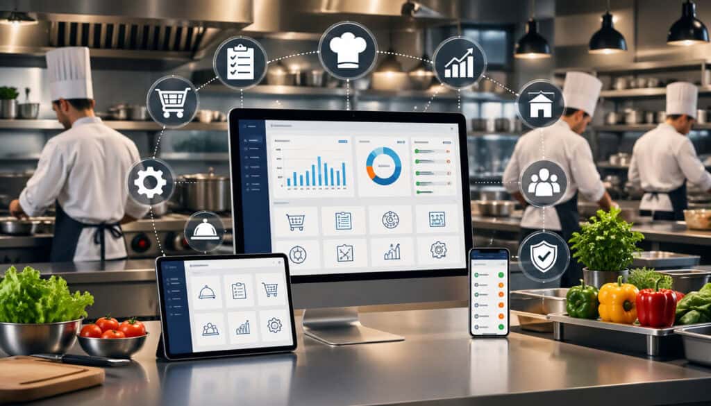 Modern commercial kitchen with chefs using digital kitchen management software on desktop, tablet, and mobile devices, featuring inventory, analytics, and workflow icons in a smart restaurant environment