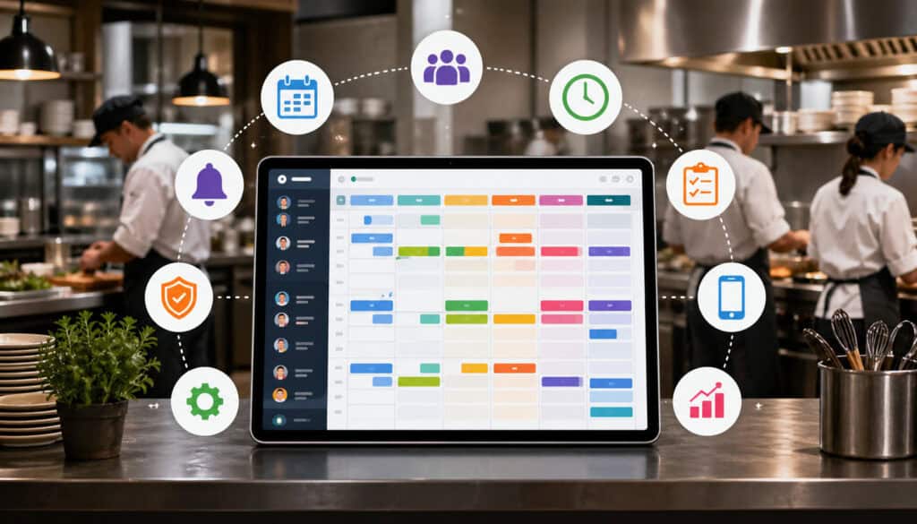 Restaurant kitchen staff using digital scheduling software on tablet with shift calendar, team management icons, and busy commercial kitchen background