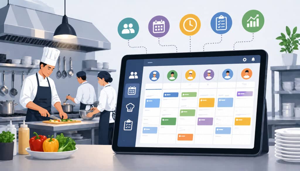 Digital illustration of a restaurant kitchen using a tablet-based scheduling system, with chefs working in the background and icons representing staff management, calendar planning, and workflow optimization