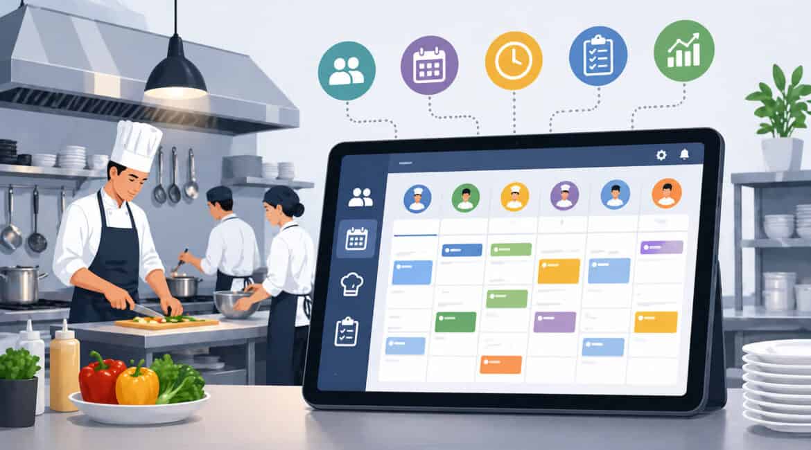 Digital illustration of a restaurant kitchen using a tablet-based scheduling system, with chefs working in the background and icons representing staff management, calendar planning, and workflow optimization