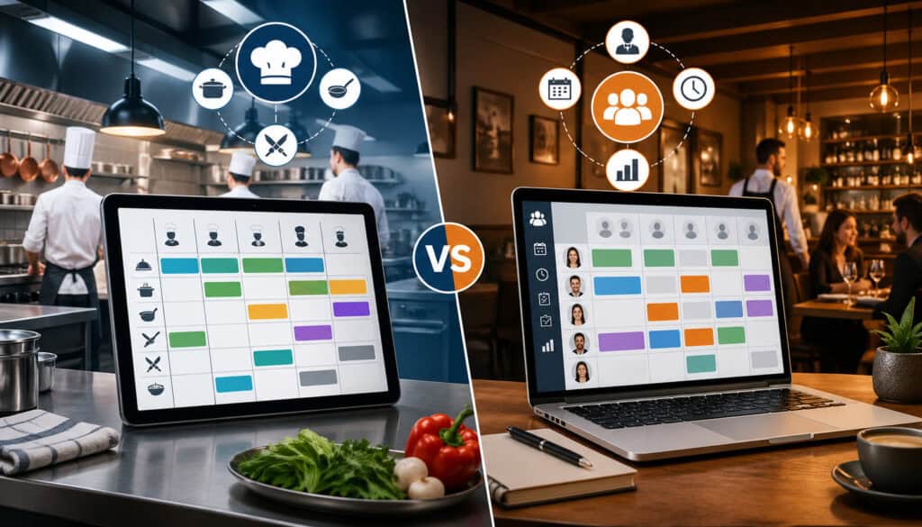 Kitchen scheduling tools vs general restaurant scheduling software comparison illustration showing chefs in a professional kitchen using a tablet scheduler contrasted with a restaurant manager using a laptop scheduling system in a dining setting