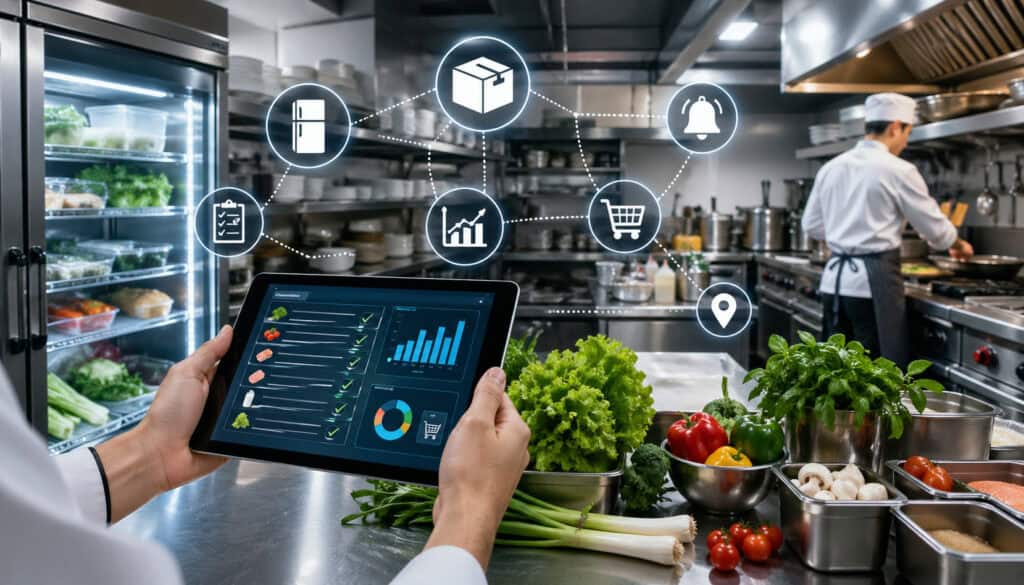 Real-time inventory tracking system in a modern commercial kitchen with chef using tablet dashboard and fresh ingredients on prep counter