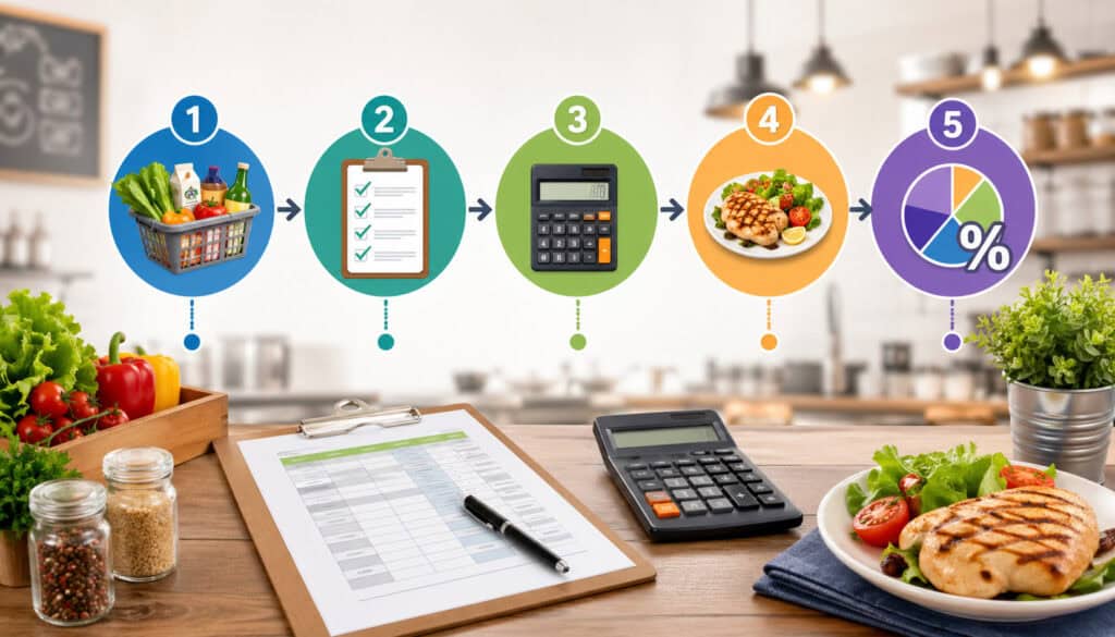 Step-by-step food cost percentage calculation process with ingredients, checklist, calculator, plated dish, and percentage chart icons in a restaurant kitchen setting