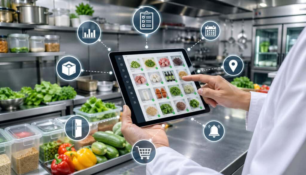 Digital kitchen inventory system displayed on tablet with fresh ingredients and smart management icons in a modern commercial kitchen