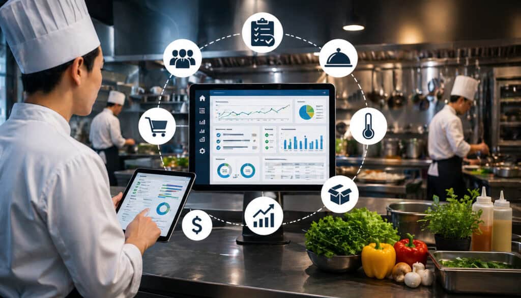 Kitchen management system illustration showing a chef using a tablet dashboard in a commercial kitchen with digital icons for inventory, staff management, analytics, and food operations surrounding a central screen