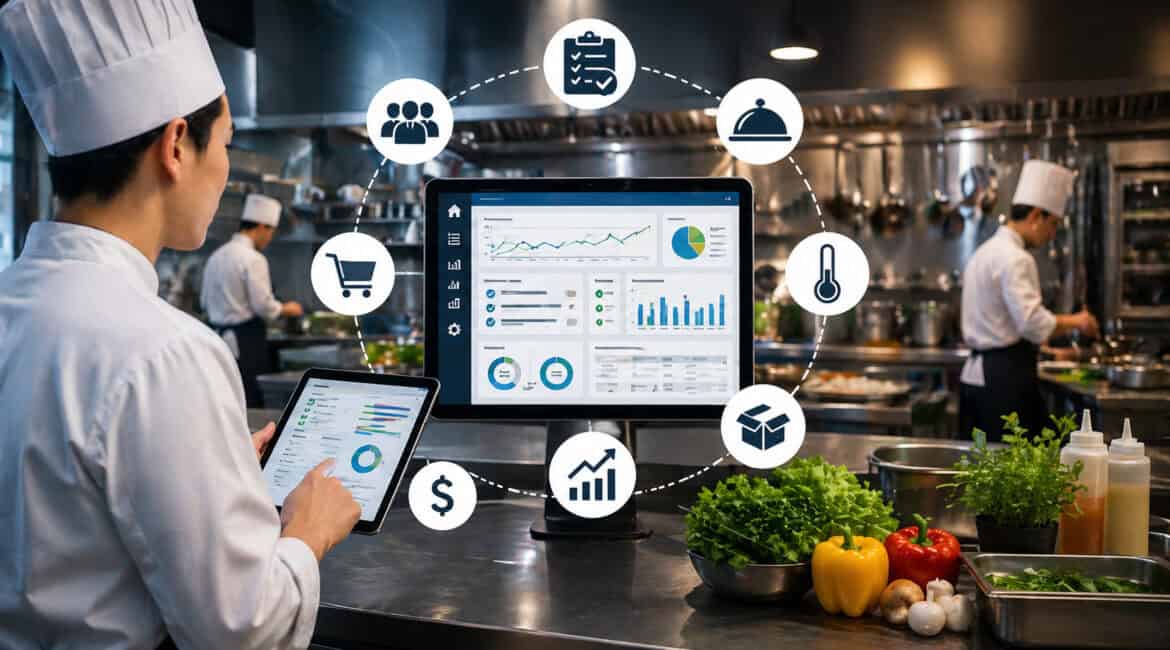 Kitchen management system illustration showing a chef using a tablet dashboard in a commercial kitchen with digital icons for inventory, staff management, analytics, and food operations surrounding a central screen
