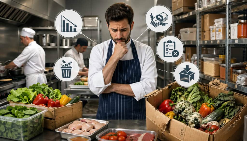 Commercial kitchen scene showing a concerned chef analyzing food waste and inventory shrinkage with spoiled ingredients, storage shelves, and cost-related icons in the background