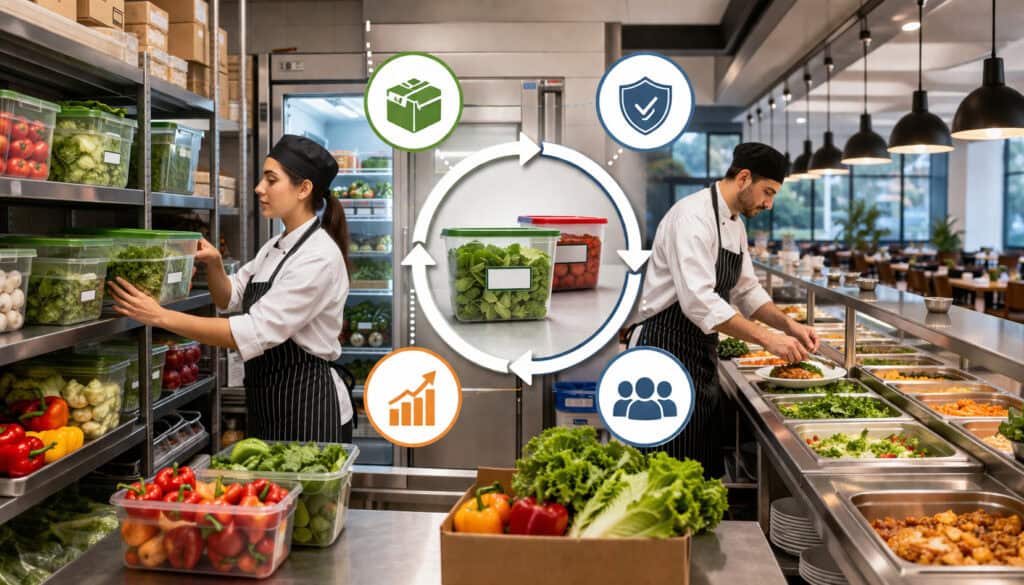 FIFO food inventory system in a commercial kitchen with organized storage, labeled containers, and chefs rotating fresh ingredients for food safety and efficiency