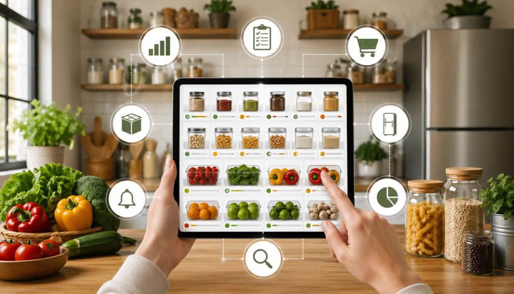 Smart kitchen digital inventory system displayed on tablet with organized food items, fresh produce, and connected tracking icons in a modern kitchen setting