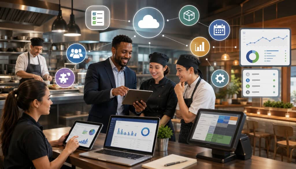 Food service staff implementing management software in a modern commercial kitchen