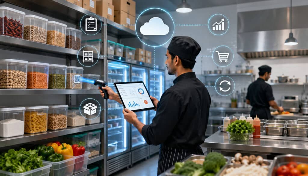 Cloud kitchen staff managing inventory with a cloud-based system