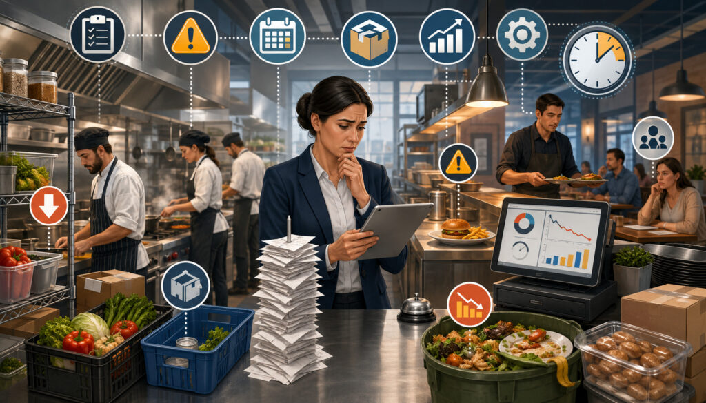 Food service manager handling inventory, staffing, waste, and operational challenges