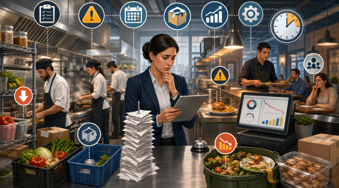 Food service manager handling inventory, staffing, waste, and operational challenges