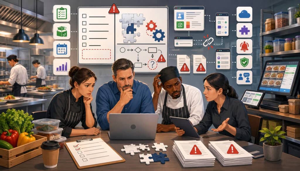 Food service team reviewing software checklist mistakes