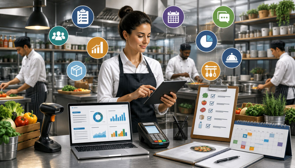 Food service manager using essential digital tools in a commercial kitchen