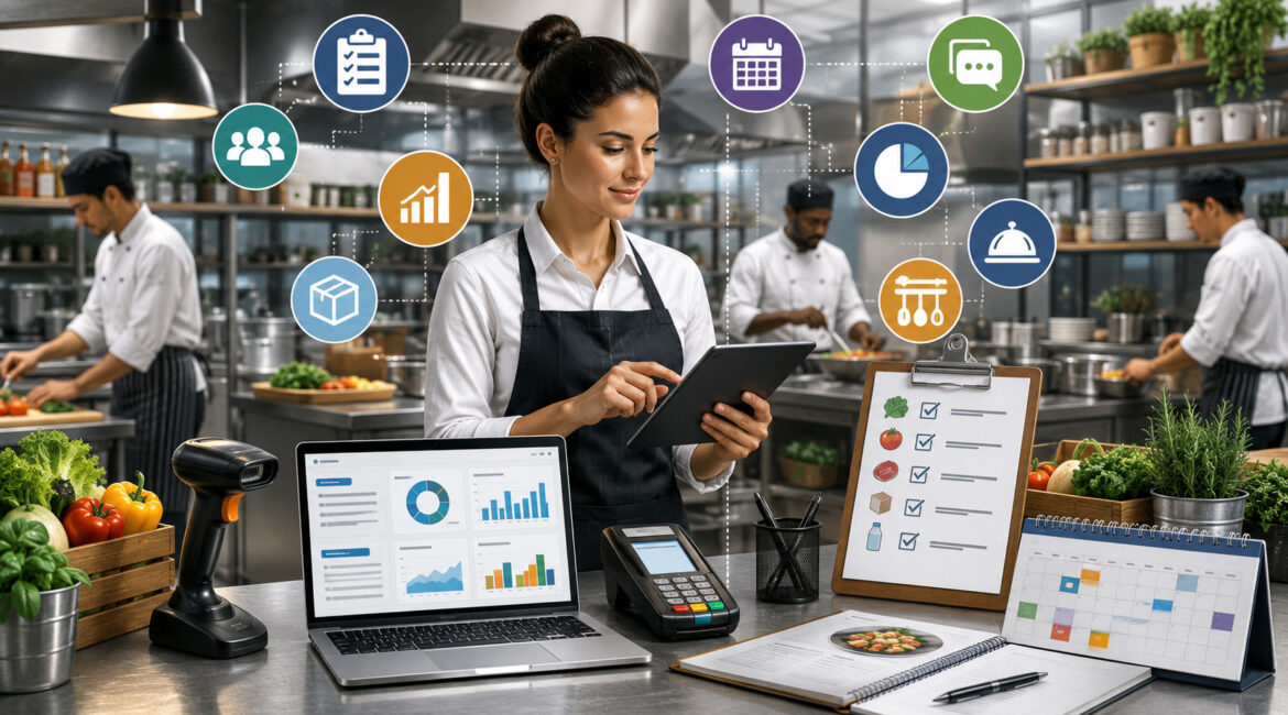 Food service manager using essential digital tools in a commercial kitchen