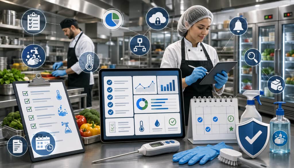 Food safety compliance records displayed on a digital kitchen dashboard