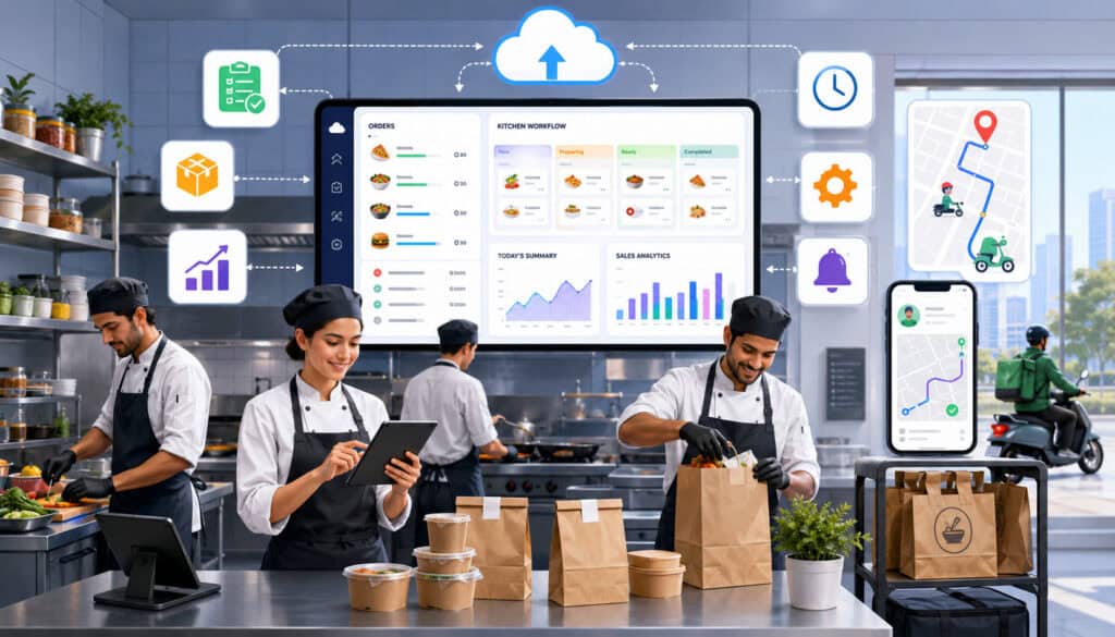 Cloud kitchen staff using food service software to manage orders, inventory, analytics, and deliveries