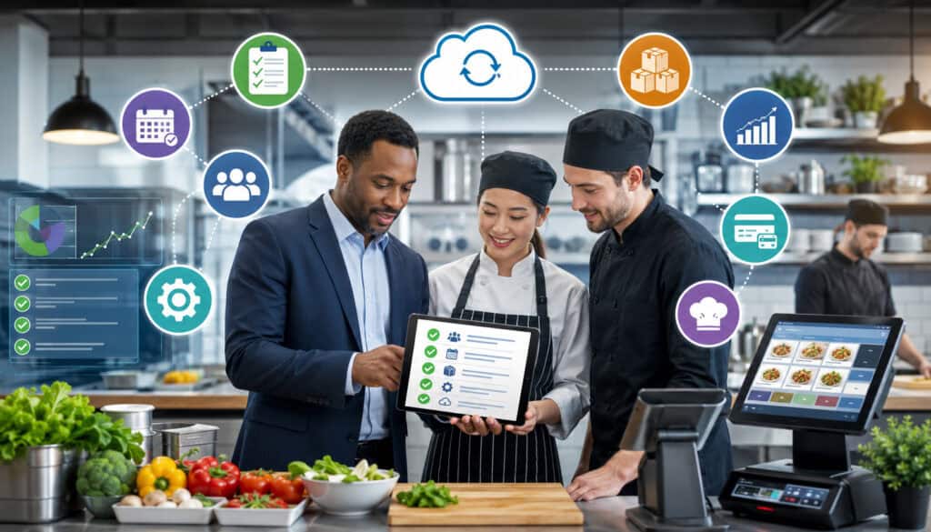 Food service team reviewing a software implementation checklist in a commercial kitchen