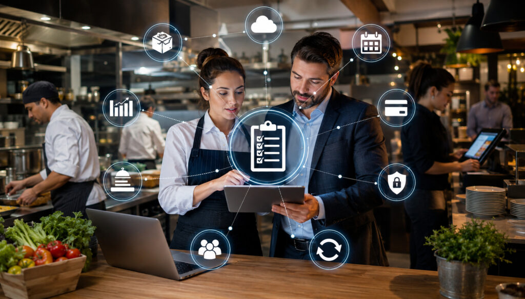 Food service managers reviewing a software requirements checklist in a restaurant kitchen