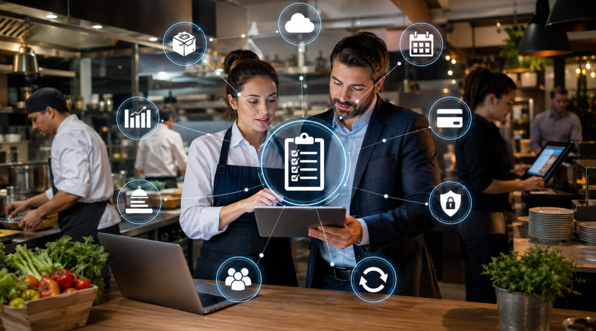 Food service managers reviewing a software requirements checklist in a restaurant kitchen