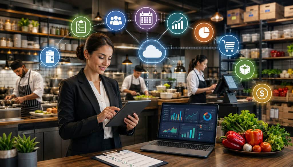 Food service manager using digital tools to improve kitchen operations