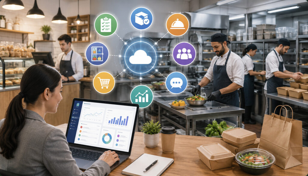 Food service manager implementing cloud-based restaurant management software
